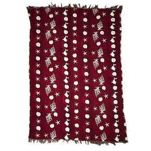 VTG Handmade Nautical Shell Starfish Dolphin Print Scarf Sarong Red Coastal Wrap